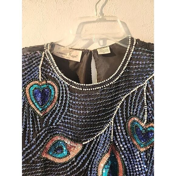 Laurence Kazar Peacock Top Vintage Heavily Encrusted Beaded Silk Blouse XL - Picture 3 of 6